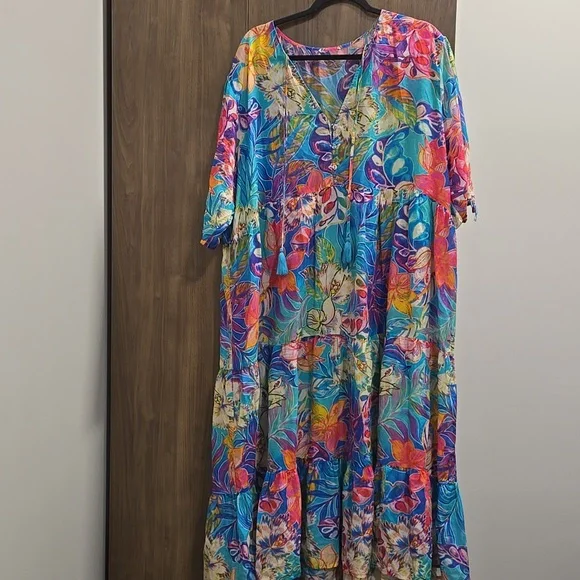 Johnny Was-Helena Tiered Loral Silk Blend WITH TASSELS Maxi Dress-Size '3XL' - Picture 5 of 16